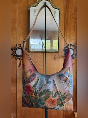 Anuschka Butterflies & Flowers Hand Painted Genuine Leather Shoulder Bag